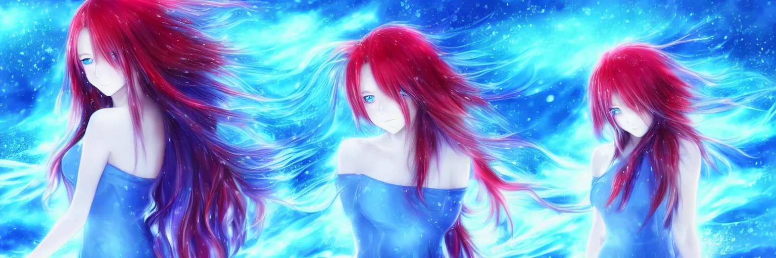 Image similar to advanced digital anime art, a very cute gorgeous teenage girl with a body made of fire and ice , full body, very long snow colored hair, sky blue highlights in hair, red fiery watery eyes, wearing a dress made of water, full round face, dramatic cinematic lighting, wideshot, highly intricately detailed, glitched background, broken screen, trending on pixiv, Artstation, painted by Rossdraws and the style of Sakimimichan