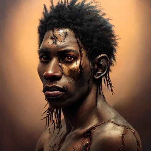 Image similar to portrait painting of a scarred african american man with cropped hair wearing a tattered and feathered coat, ultra realistic, concept art, intricate details, eerie, highly detailed, photorealistic, octane render, 8 k, unreal engine. art by artgerm and greg rutkowski and charlie bowater and magali villeneuve and alphonse mucha