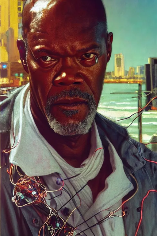 Prompt: hyperrealist portrait of samuel l jackson, it is decorated with wires and monitors in the miami beach background. by jeremy mann and alphonse mucha, fantasy art, photo realistic, dynamic lighting, artstation, poster, volumetric lighting, very detailed faces, 4 k, award winning