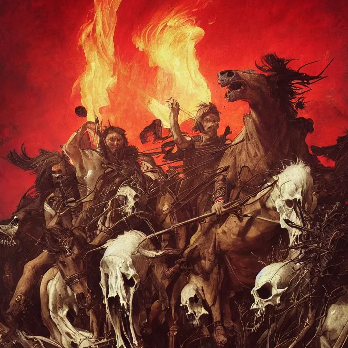 Image similar to horsemen of the apocalypse, bones, skulls, smoke, a flock of crows, snakes, smoke, flames, full-length, oil painting in a renaissance style , very detailed, red background, painted by Caravaggio, Greg rutkowski, Sachin Teng, Thomas Kindkade, Alphonse Mucha, Norman Rockwell, Tom Bagshaw.