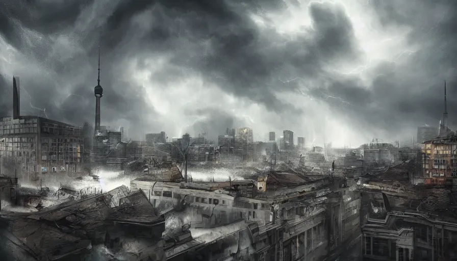 Image similar to storm destroying berlin, damaged buildings, dark cloudy sky, hyperdetailed, artstation, cgsociety, 8 k