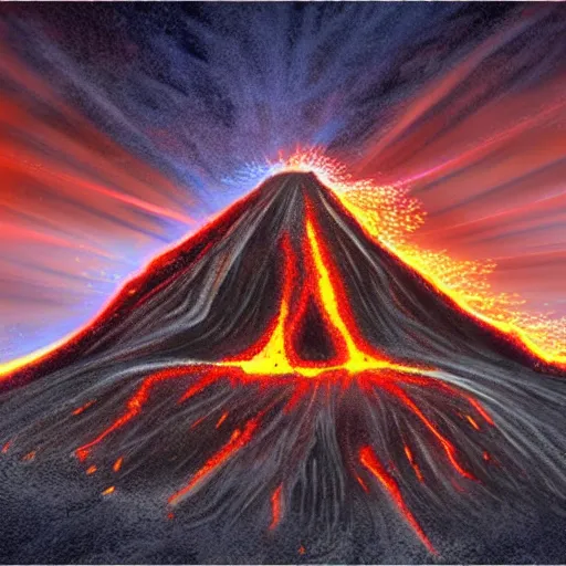 Prompt: fantasy art : : digital art : : [ [ exploding volcano ] ] : : massive, sense of scale, in the distance, visual depth : : fire, lava : : small village at the base of the volcano : :