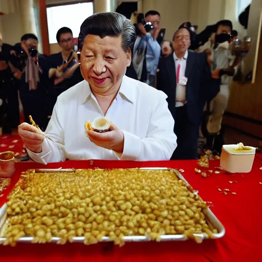 Prompt: Xi Jinping eating honey out of a jar with his hands.