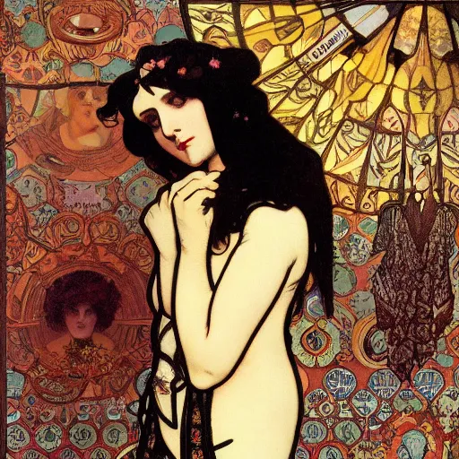 Image similar to goth girl with a wry grin, alphonse mucha, willam morris background.