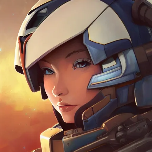 Image similar to portrait of isabelledeltore as a gundam pilot, with an intricate, detailed, futuristic helmet, vector behance hd jesper ejsing, rhads, makoto shinkai, lois van baarle, ilya kuvshinov, rossdraws, hd, 3 2 k, ilya kuvshinov, gustav klimt