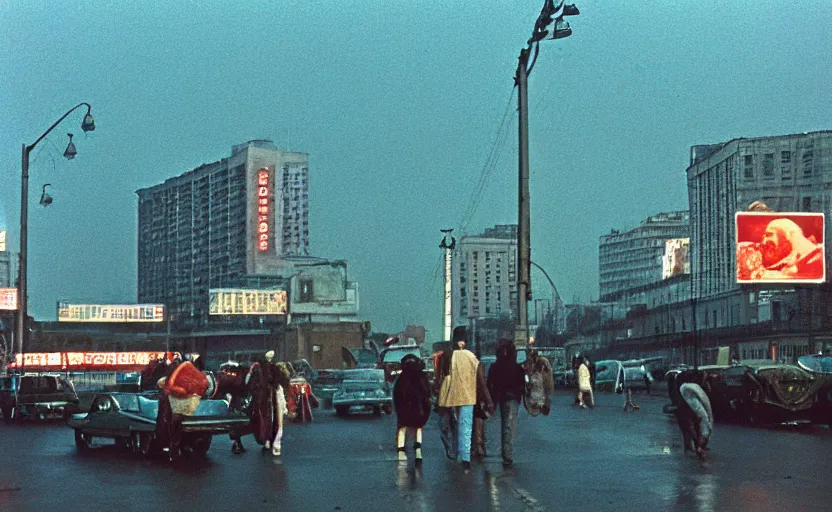 Image similar to 70s movie still of a sovietic street with pedestrians with soviet highrise in the backround , Cinestill 800t 18mm ektachrome color, heavy grainy picture, very detailed, high quality, 4k panoramic, HD criterion, dramatic lightning, neon billboards and streetlight at night, rain, mud, foggy, gigantic red lenin portrait on the wall, soviet flags