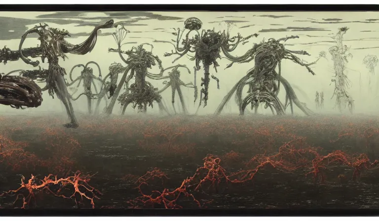 Prompt: still frame from Prometheus by Jakub rozalski by utagawa kuniyoshi by Yves Tanguy, Vast blossoming hell plains with resurrecting arcane glowing mycelium biomechanical giger cyborgs in style of Jakub rozalski with character designs by Neri Oxman, metal couture haute couture editorial