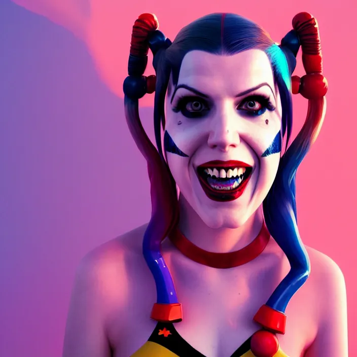 Image similar to portrait of Anna Kendrick as harley quinn. intricate abstract. intricate artwork. by Tooth Wu, wlop, beeple, dan mumford. octane render, trending on artstation, greg rutkowski very coherent symmetrical artwork. cinematic, hyper realism, high detail, octane render, 8k, iridescent accents