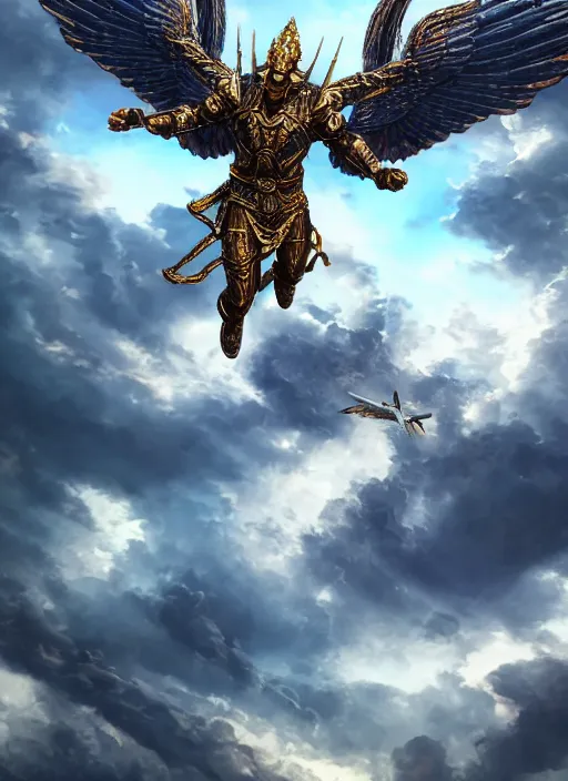 Image similar to archangel micheal flying in sky by huang guangjian, taekwon kim rostbite 3 engine, cryengine, dof, trending on artstation, digital art, chanel, dior, fantasy and detailed and intricate background