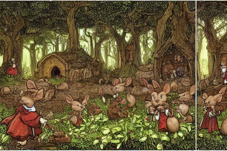 Image similar to an elaborate and dense scene from redwall abbey in mossflower wood with lots of medieval anthropomorphic mice and rabbits and otters, detailed by brian jacques and greg rutowski