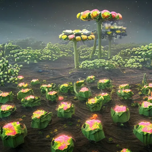 Image similar to an epic flowering alien landscape in the style of origami, 8 k, cinematic light, artstation