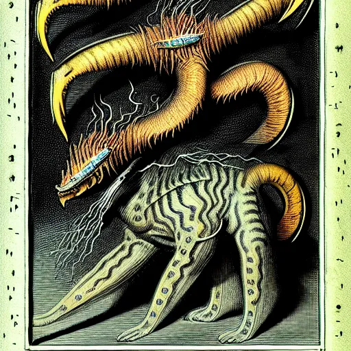 Image similar to bestiary of creatures from the depths of the unconscious psyche