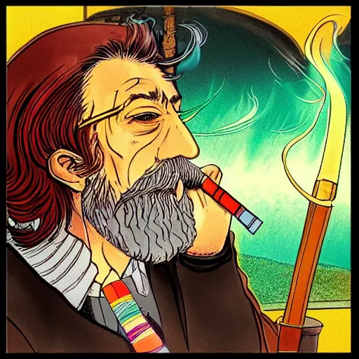 Prompt: Galdalf smoking from his pipe in manga style, lots of smoke, psychedelic colours