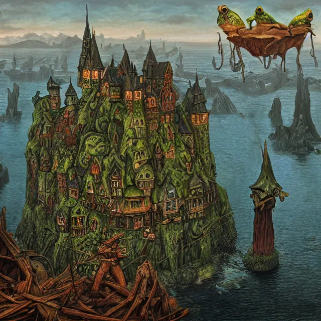Prompt: a painting of the kings of frog island by johfra bosschart, dark fantasy art, high detail, trending on artstation