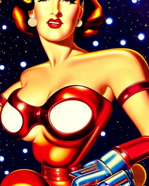 Prompt: closeup beautiful retro space dita von teese posing with a chrome robot in diesel punk city at night, pinup, windblown dark hair, seductive, hyper detailed, digital art, smooth, sharp focus, gil elvgren, anna dittmann alberto vargas, 1 9 5 0, when mars attacks