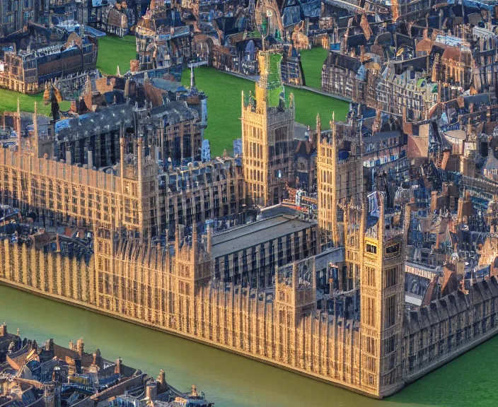 Image similar to 4 k hd, high detail photograph of buckingam palace and the big ben, shot with sigma f / 4. 2, 2 5 0 mm sharp lens, wide shot, volumetric lighting, high level texture render