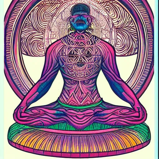 Image similar to colored pencil hatching bold lines sketch of a meditating yogi with ornate sacred geometry linework in the background, album cover hd