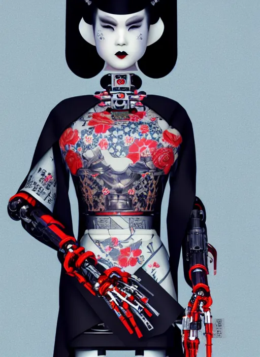 Image similar to full body portrait of a gothic japanese robot geisha with kanji tattoos and decals wearing a digital pixelated kimono, intricate design, photorealistic, octane render, raytraced, ultra fine detailed, character design, trending on artstation