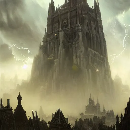 Prompt: an ultra detailed matte painting of a lonely and impossibly tall ominous gothic dark citadel tower of the evil patriarch, in the style of magic the gathering, in a river elevated high above the city, flintlock fantasy capital city, ultrawide lense, aerial photography, scary thunderstorm, exquisite detail, 8 k, art by greg rutkowski and alphonse mucha