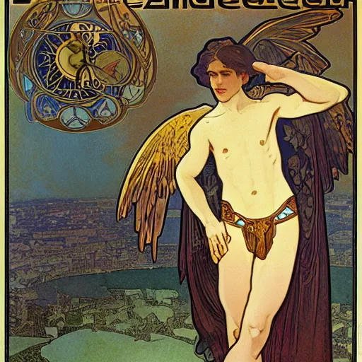 Image similar to ultra realistic illustration of young winged boy angel, full body, male body, elegant study, art nouveau poster by alphonse mucha