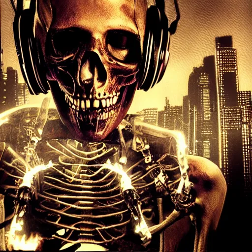 Image similar to cyberpunk skeleton with headphones playing synthesizer, smoke, lights, lasers, highly detailed, realistic, technology and magic,