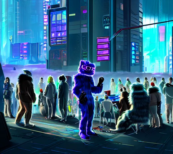 Image similar to high - resolution photograph from a cyberpunk era furry fandom convention ( midwest furfest 2 0 4 7 ), taking place after the genetic revolution and quantum singularity. photorealistic.