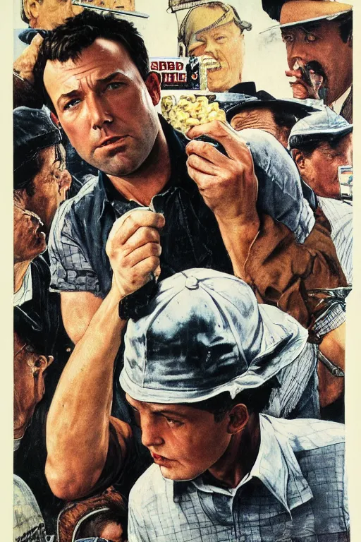 Prompt: sad ben affleck wearing checkered shirt and white cap, with a cigarettein mounth, and huge spanner, poster, by norman rockwell