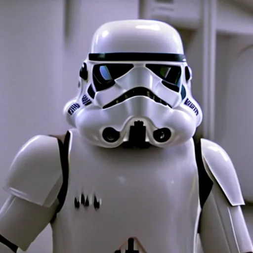 Image similar to a film still of gremlin in a storm trooper suit in star wars realistic, detailed