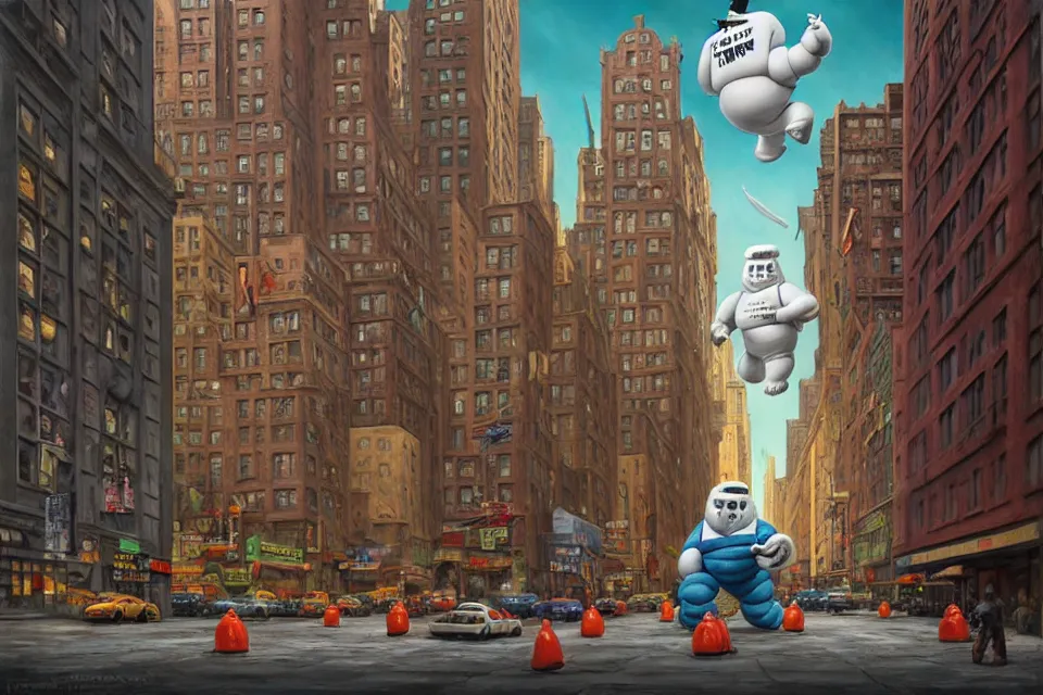 Image similar to hyper detailed 3d render like a Oil painting - the stay-puft marshmellow man facing off against king kong on the streets of new york, by Jacek Yerka, Mariusz Lewandowski, Houdini algorithmic generative render, Abstract brush strokes, Masterpiece, Edward Hopper and James Gilleard, Zdzislaw Beksinski, Mark Ryden, Wolfgang Lettl, hints of Yayoi Kasuma, octane render, 8k