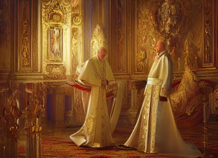 Image similar to kneeling before the pope, royal robe, gold trim, light effect, hyper detailed, intricate, atmospheric, elegant, photorealistic by paul lehr, marco mazzoni, featured on cgsociety, rococo, whimsical, artstation