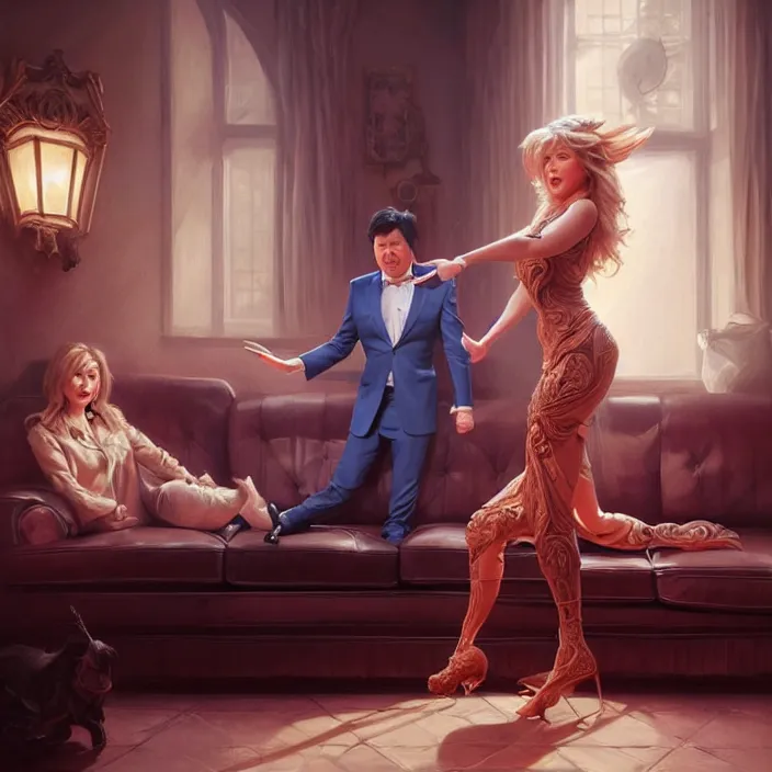 Image similar to portrait of michael mcintyre leaving on a sofa with a singing waitress, elegant, real life skin, intricate artwork, high detailed, artstation, concept art, smooth, sharpz focus, art by artgerm and greg rutkowski