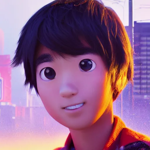 Prompt: teen japanese boy standing in front of his home in san fransokyo, close up portrait photo, pixar film, big hero 6, hyper detailed, digital art, trending on artstation, cinematic lighting, studio quality, smooth render, unreal engine, octane render