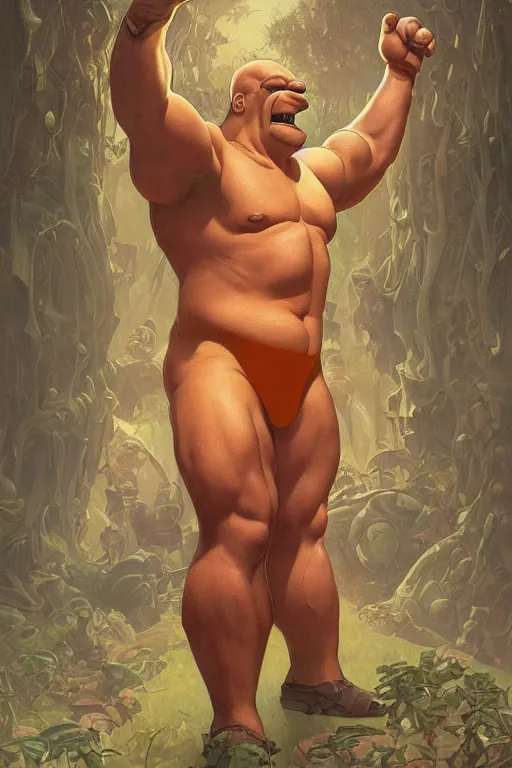 Image similar to portrait of homer simpson as a hulking herculean man, forest, godlike, full body, fantasy, intricate, elegant, highly detailed, digital painting, artstation, concept art, sharp focus, illustration, art by artgerm and greg rutkowski and alphonse mucha