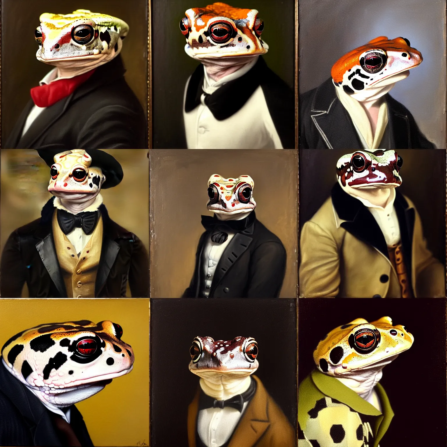 Prompt: a head - and - shoulders portrait of an amazon milk frog looking off camera wearing a black buttoned jacket with a vest and ascot, an american romanticism painting, a portrait painting, cgsociety, soft focus, oil on canvas