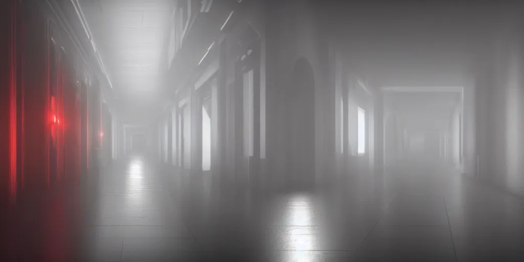 Image similar to a long angle shot of a big dark room with white lights on the celling and a long hallway at the end of the room with red lights on the celling, highly detailed, unreal engine, 4 k, dark, moody, foggy, game render, hyper realistic, ray tracing, path tracing, realistic lightning, black, gray