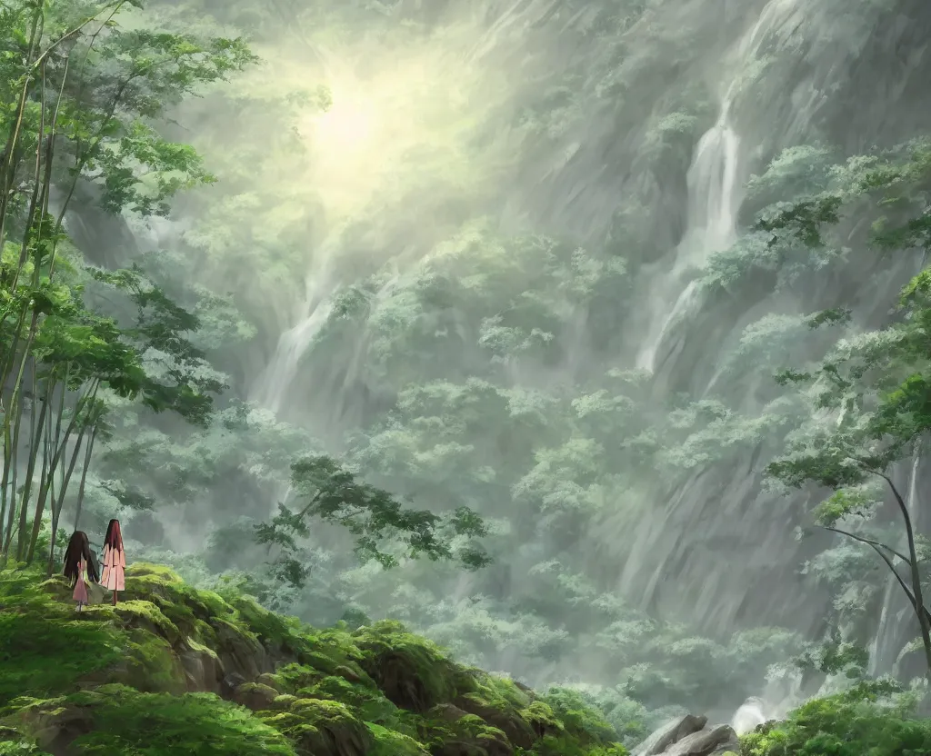 Image similar to two figures grappling in a misty japanese bamboo forest, cell shaded, huge waterfall, large rocky mountain, drawing, stylized anime, sun rays, soft, by hayao miyazaki, ghibli studio, makoto shinkai, toei animation, studio trigger, trending on artstation, 4 k, hd