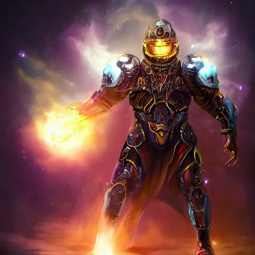 Prompt: photorealistic fantasy cosmic concept art of a cosmic god with armor made out of planets and dark matter, hovering in a unknown galaxy, fully body portrait, cinematic, dynamic lighting, ultra detailed, creative, trending on art station, stunning visuals, creative