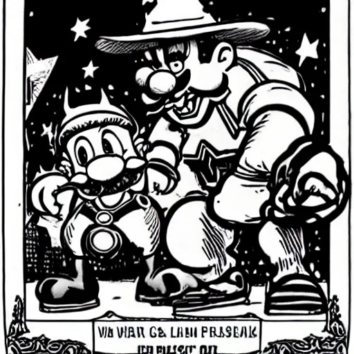 Image similar to King Bowser and Mario, black and white, drawn by Robert Crumb.