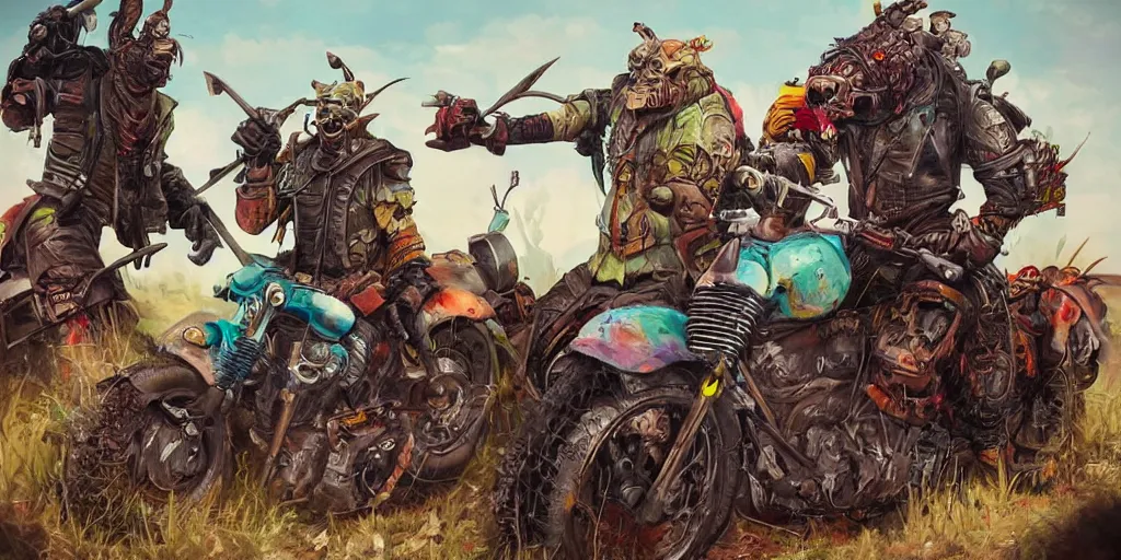 Prompt: colorful post-apocalyptic orcish motorcycle gang, featured on artstation