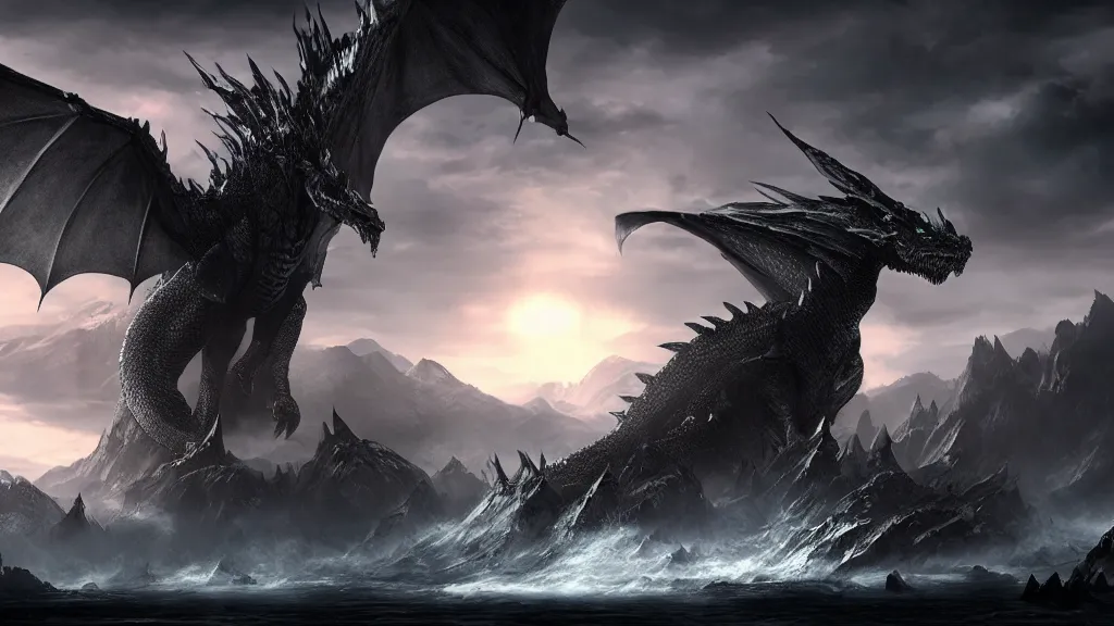 Image similar to Ancalagon the black, the biggest dragon that ever lived, over towering the huge mountains of Thangorodrim, landscape wide shot, epic, cinematic lighting, Unreal Engine 5, film key art, Bloom, dramatic lighting, cg artist