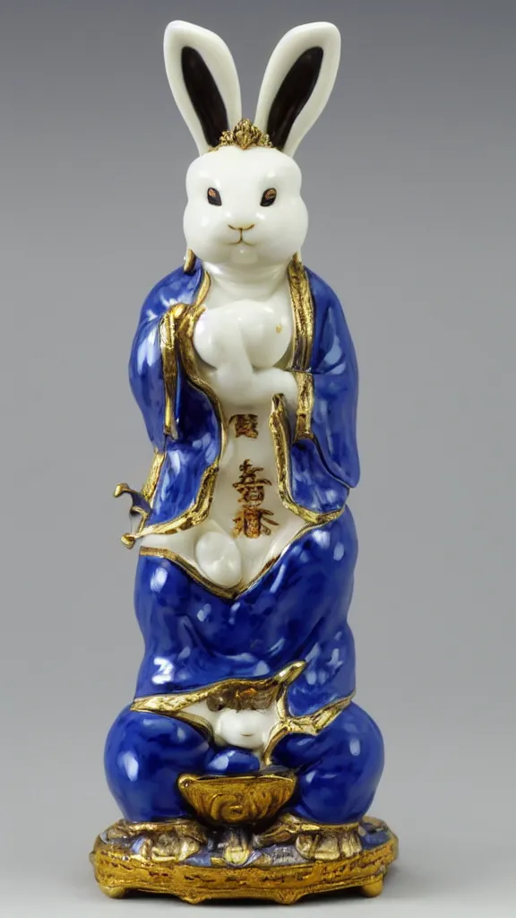 Prompt: porcelain rabbit head budda statue with blue arabesque details get a japanese kiseru in her hand painted by john singer sargent