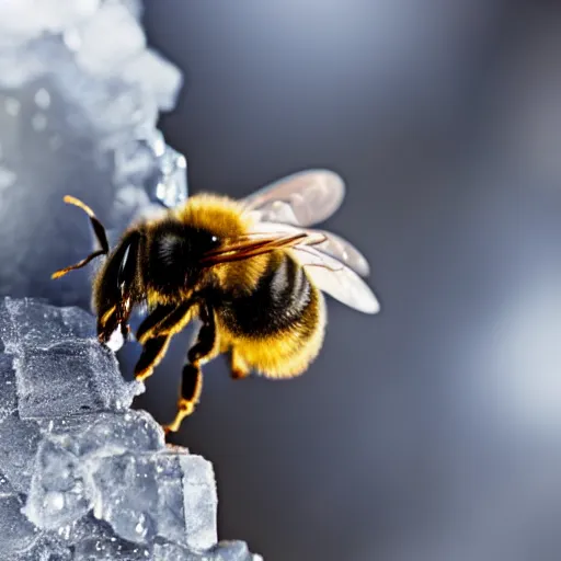 Prompt: a bee frozen in ice