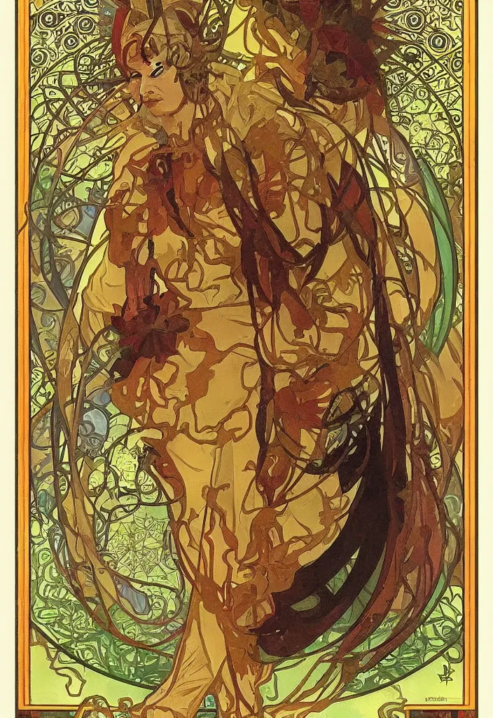 Image similar to Jürgen Schmidhuber as the Devil on a tarot card, tarot major arcana in art style by Alphonse Mucha