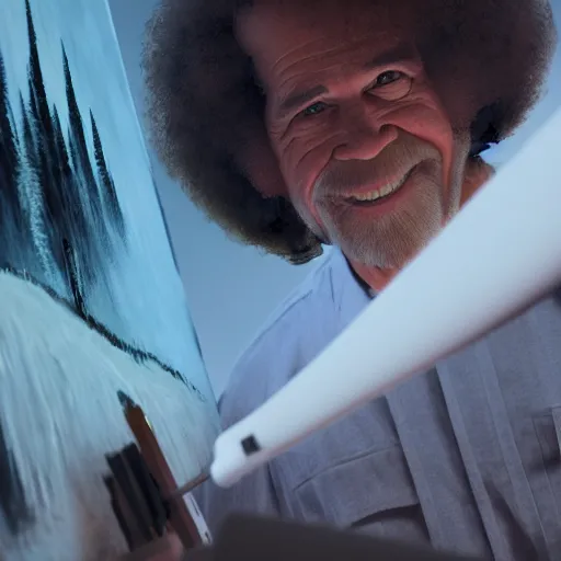 Image similar to a closeup photorealistic photograph of bob ross working on a canvas painting of darth vader. film still. brightly lit scene. mountains and trees. this 4 k hd image is trending on artstation, featured on behance, well - rendered, extra crisp, features intricate detail, epic composition and the style of unreal engine.