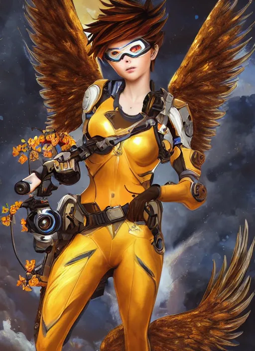 Image similar to full body oil painting of tracer overwatch in the style of sophie anderson, angel wings, angelic golden armor, dramatic painting, symmetrical composition, ornate, high detail, gold detailed collar, blooming, lights, flowers, detailed face,