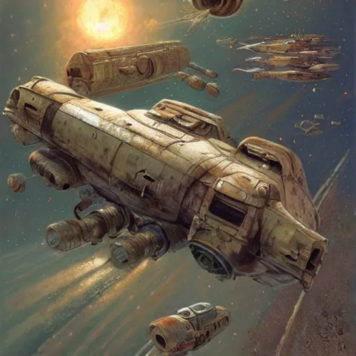 Prompt: vintage, old, ussr, rusty, soviet, car iz 2 1 2 5!!! as a realistic scifi spaceship!!!, floating in space, engines instead of wheels!!, wide angle shot art by donato giancola and greg rutkowski, vintage retro scifi, realistic space, digital art, trending on artstation, symmetry!!!