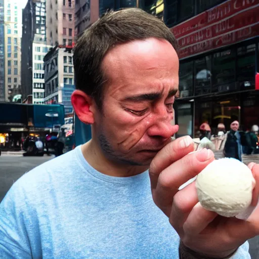 Image similar to photograph of a crying man holding a tiny small ball of ice cream in nyc.