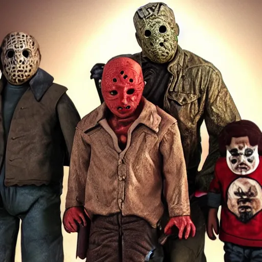 Image similar to photorealistic JasonVoorhees, Freddy Krueger, Leatherface and Ghostface posing for a family picture together