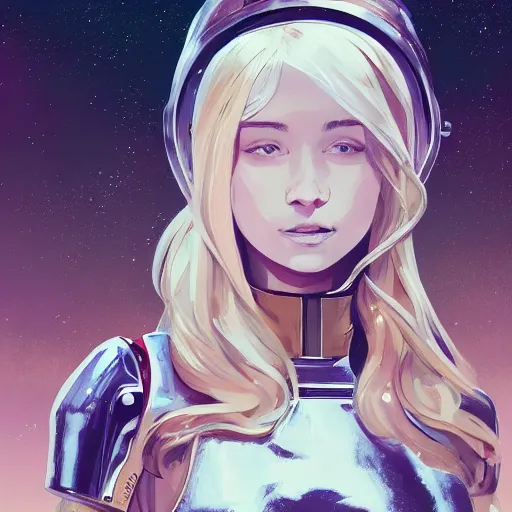 Prompt: highly detailed portrait of a hopeful young astronaut lady with a wavy blonde hair and golden spacesuit, by Dustin Nguyen, Akihiko Yoshida, Greg Tocchini, Greg Rutkowski, Cliff Chiang, 4k resolution, ibiza nightclub dancing inspired, nier:automata inspired, drackenguard inspired, vibrant but dreary gold, silver, opal, pink, diamond black and white color scheme!!! ((Space nebula nightlife background))