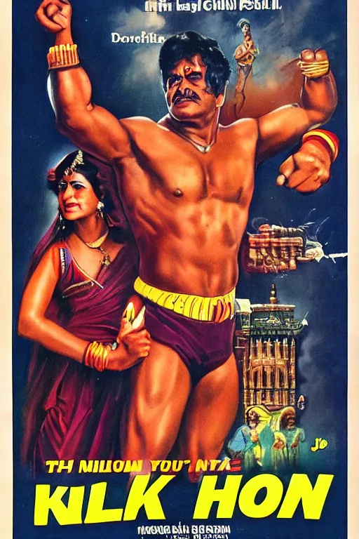 Prompt: vintage movie poster 1 mil $ kulk, hulk hogan, bollywood, india, gishnu, 1 9 8 2, drew struzan inspiration